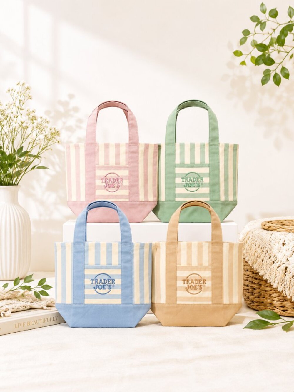 Pastel Striped Mini Tote Bag Set – Pink & Sage Green Canvas Market Bags